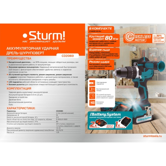 Аккумуляторный шуруповерт Sturm! CD2080I, 1BatterySystem