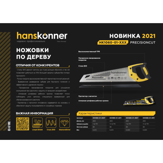 Ножовка по дереву, 400 мм Hanskonner HK1060-01-4007