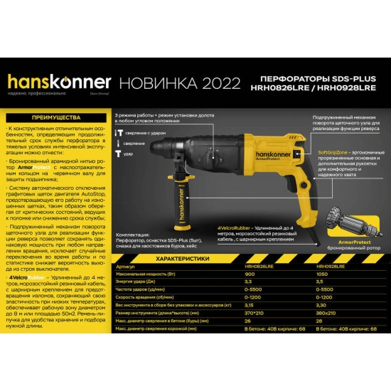 Перфоратор SDS Plus Hanskonner HRH0928LRE